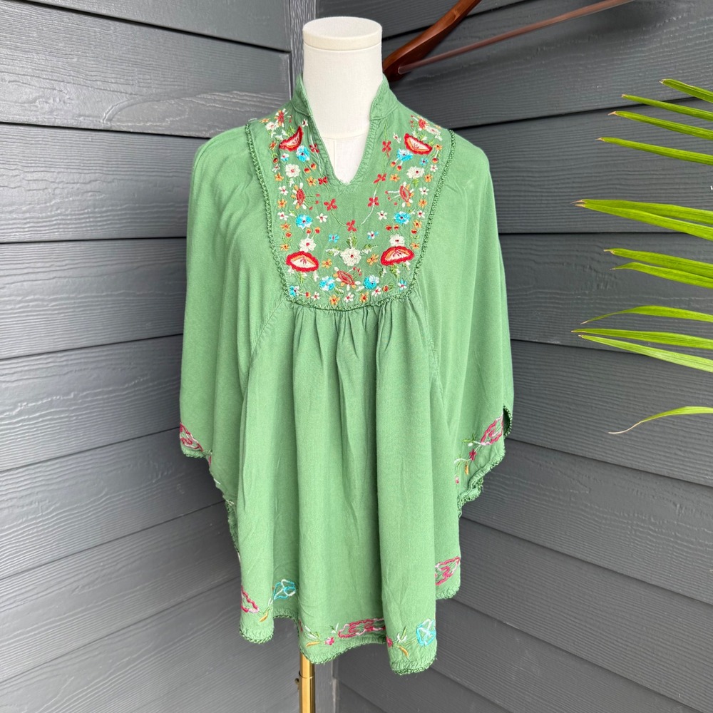 Kelly Green Embroidered Floral Boho Peasant Tunic Top Sz Large Oversized Poncho - Picture 7 of 9